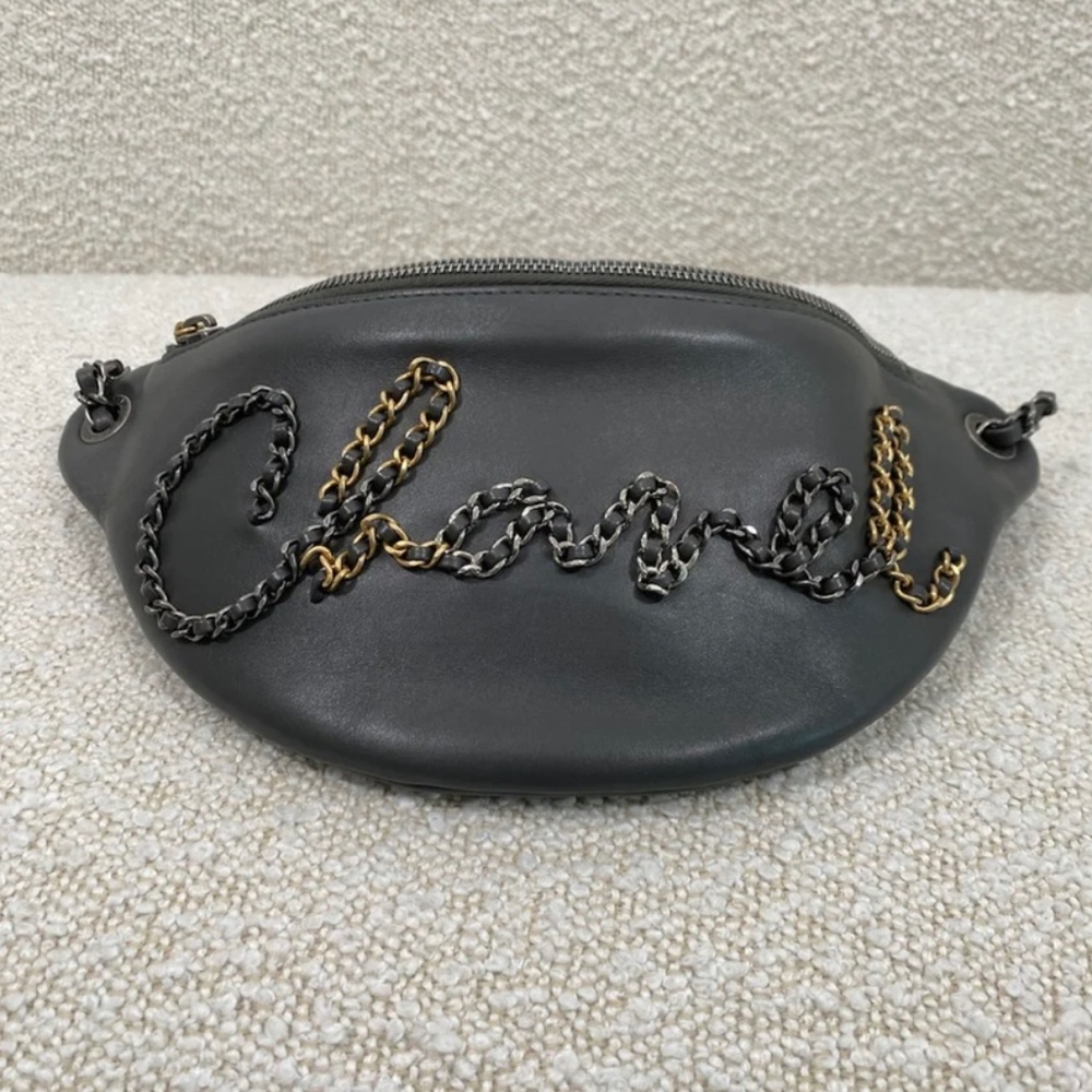 Authentic Chanel Grey Calfskin Leather Three-tone Metal Chain Signs Waist Bag